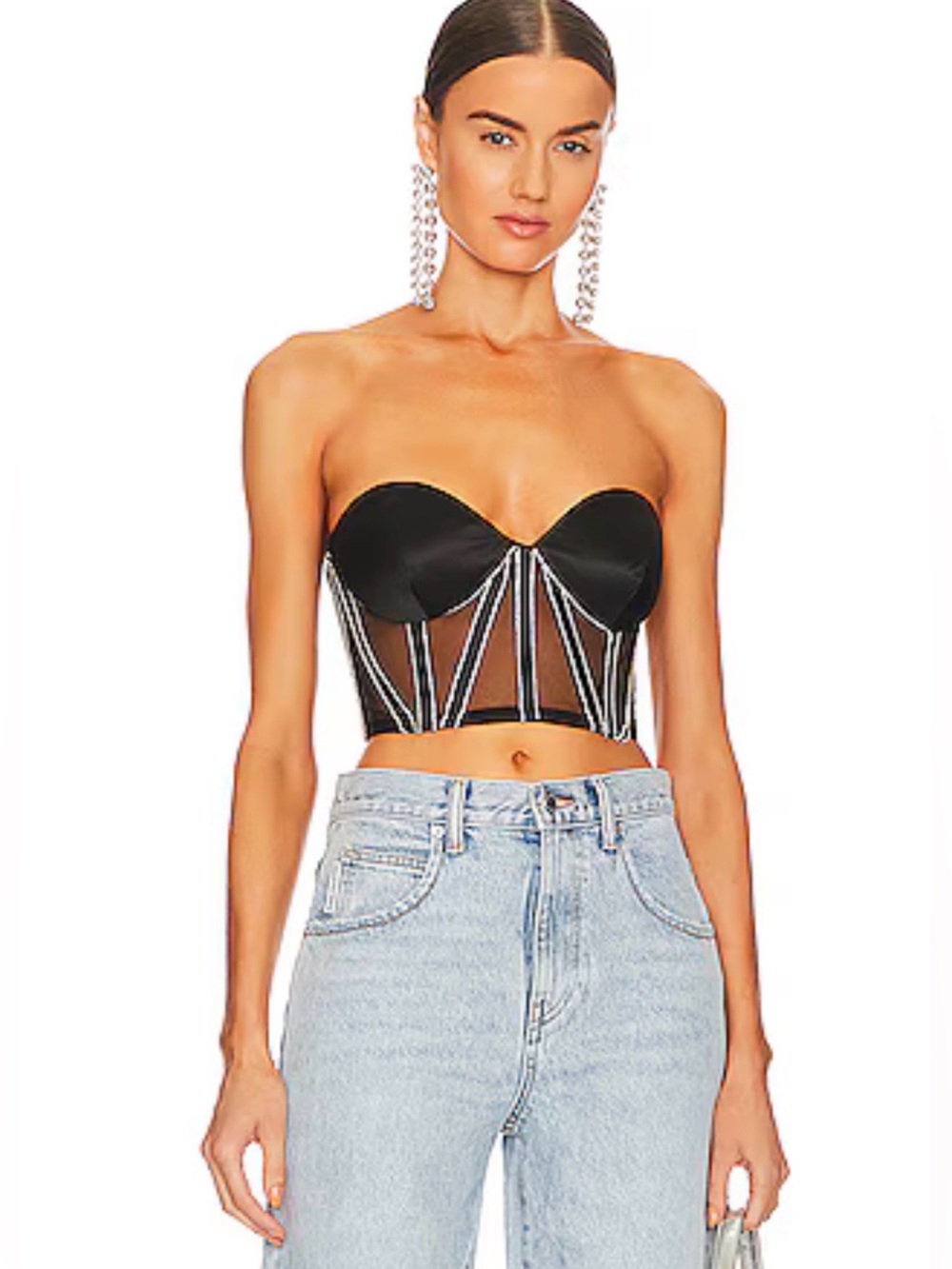 Retrofête Rhinestone Corset Bustier Crop Top Black NWT Size M